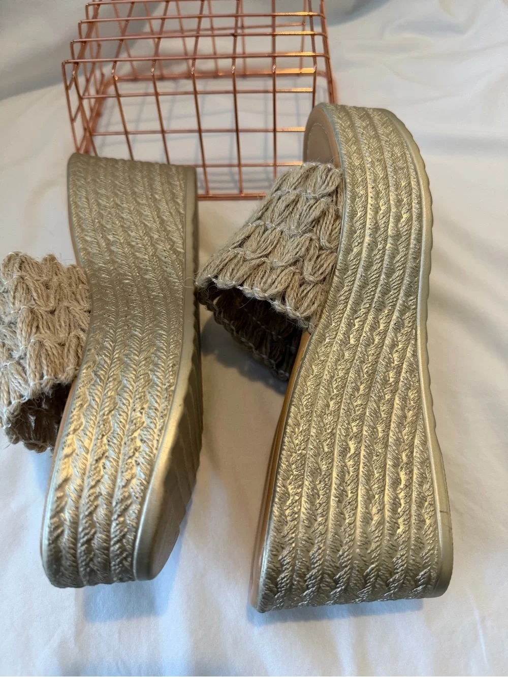 Womens Beige Wedge Slide Sandals - Platform Espadrille Style